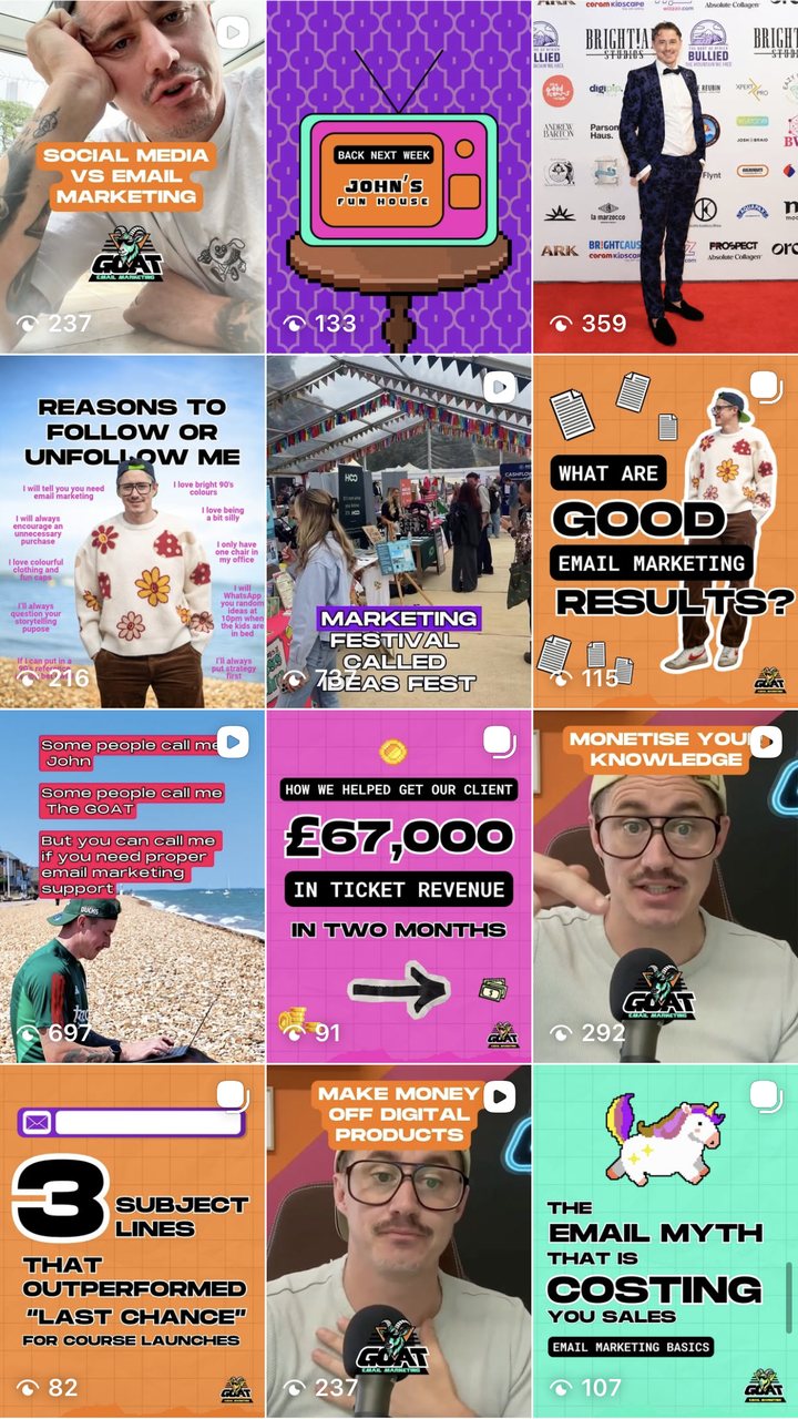 John McKie's Instagram feed in a bold pink, orange and purple visual identity