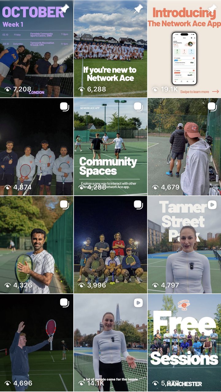 Network Ace Instagram feed showing session posts, the app launch and reels